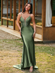 Plunging V-Neck Spaghetti Straps Lace-up Mermaid Dress Olive Green