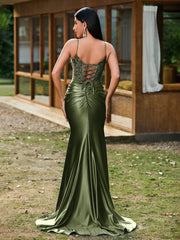 Plunging V-Neck Spaghetti Straps Lace-up Mermaid Dress Olive Green