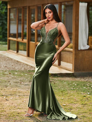 Plunging V-Neck Spaghetti Straps Lace-up Mermaid Dress Olive Green