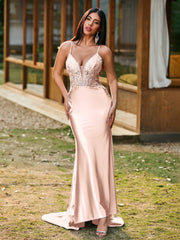 Plunging V-Neck Spaghetti Straps Lace-up Mermaid Dress Pearl Pink