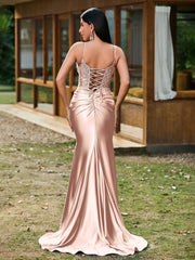 Plunging V-Neck Spaghetti Straps Lace-up Mermaid Dress Pearl Pink
