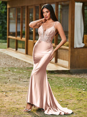 Plunging V-Neck Spaghetti Straps Lace-up Mermaid Dress Pearl Pink