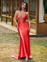 Plunging V-Neck Spaghetti Straps Lace-up Mermaid Dress Red