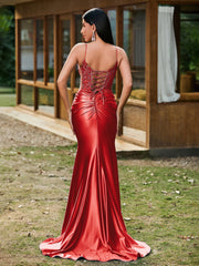 Plunging V-Neck Spaghetti Straps Lace-up Mermaid Dress Red