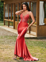 Plunging V-Neck Spaghetti Straps Lace-up Mermaid Dress Red