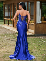 Plunging V-Neck Spaghetti Straps Lace-up Mermaid Dress Royal Blue