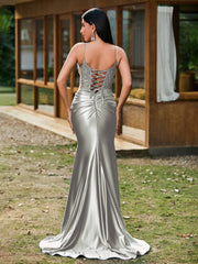Plunging V-Neck Spaghetti Straps Lace-up Mermaid Dress Silver
