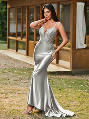Plunging V-Neck Spaghetti Straps Lace-up Mermaid Dress Silver