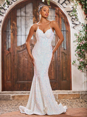 Sexy Sparkly Sequins V-neck Sweep Train Mermaid Dresses Ivory