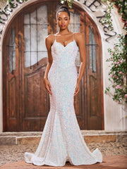 Sexy Sparkly Sequins V-neck Sweep Train Mermaid Dresses Ivory
