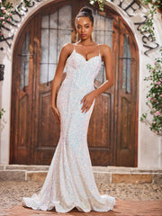Sexy Sparkly Sequins V-neck Sweep Train Mermaid Dresses Ivory