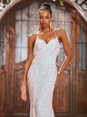 Sexy Sparkly Sequins V-neck Sweep Train Mermaid Dresses Ivory