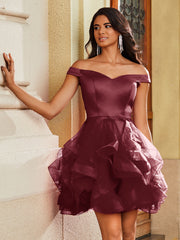 Off Shoulder Satin Cocktail Dress Burgundy