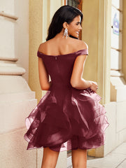 Off Shoulder Satin Cocktail Dress Burgundy