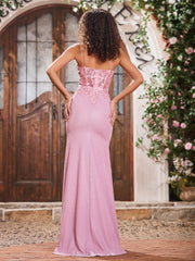 V-neck Sheath Corset Bodice Jersey Long Gowns Dusty Rose