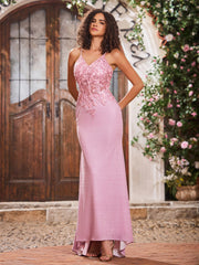 V-neck Sheath Corset Bodice Jersey Long Gowns Dusty Rose
