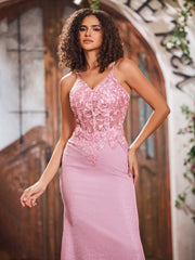 V-neck Sheath Corset Bodice Jersey Long Gowns Dusty Rose