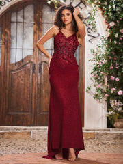 V-neck Sheath Corset Bodice Jersey Long Gowns Burgundy