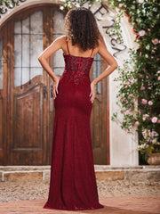 V-neck Sheath Corset Bodice Jersey Long Gowns Burgundy