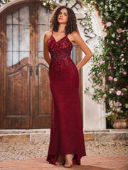 V-neck Sheath Corset Bodice Jersey Long Gowns Burgundy
