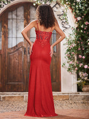 V-neck Sheath Corset Bodice Jersey Long Gowns Red