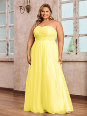 Lace and Tulle Long Strapless Dresses Lemon