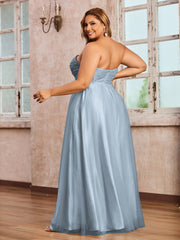 Lace and Tulle Long Strapless Dresses Dusty Blue
