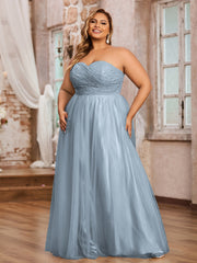 Lace and Tulle Long Strapless Dresses Dusty Blue