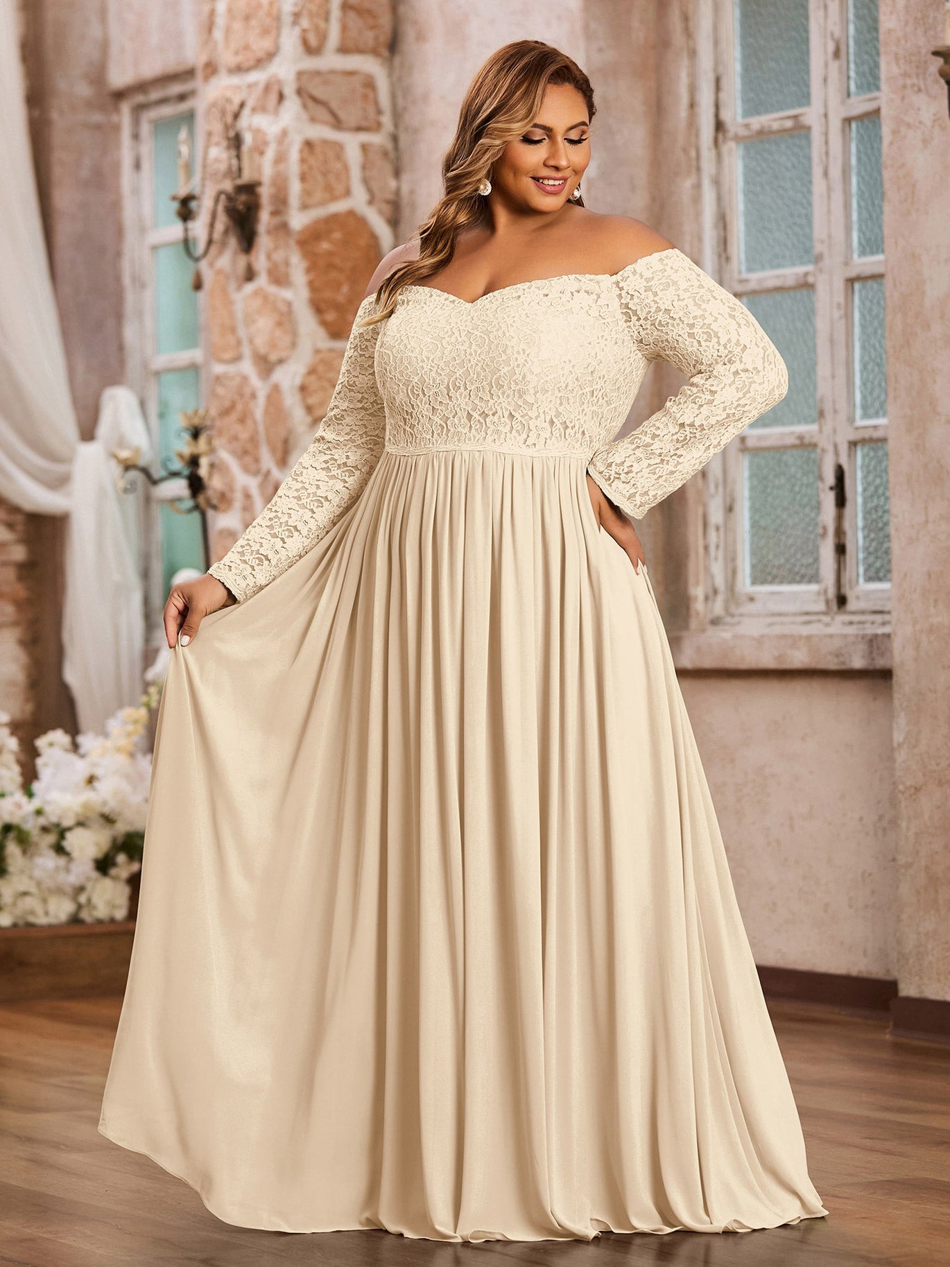 BABARONI Lace Chiffon Champagne Bridesmaid Dresses A-line Sweetheart Long  Sleeve Floor-length  BABARONI UK