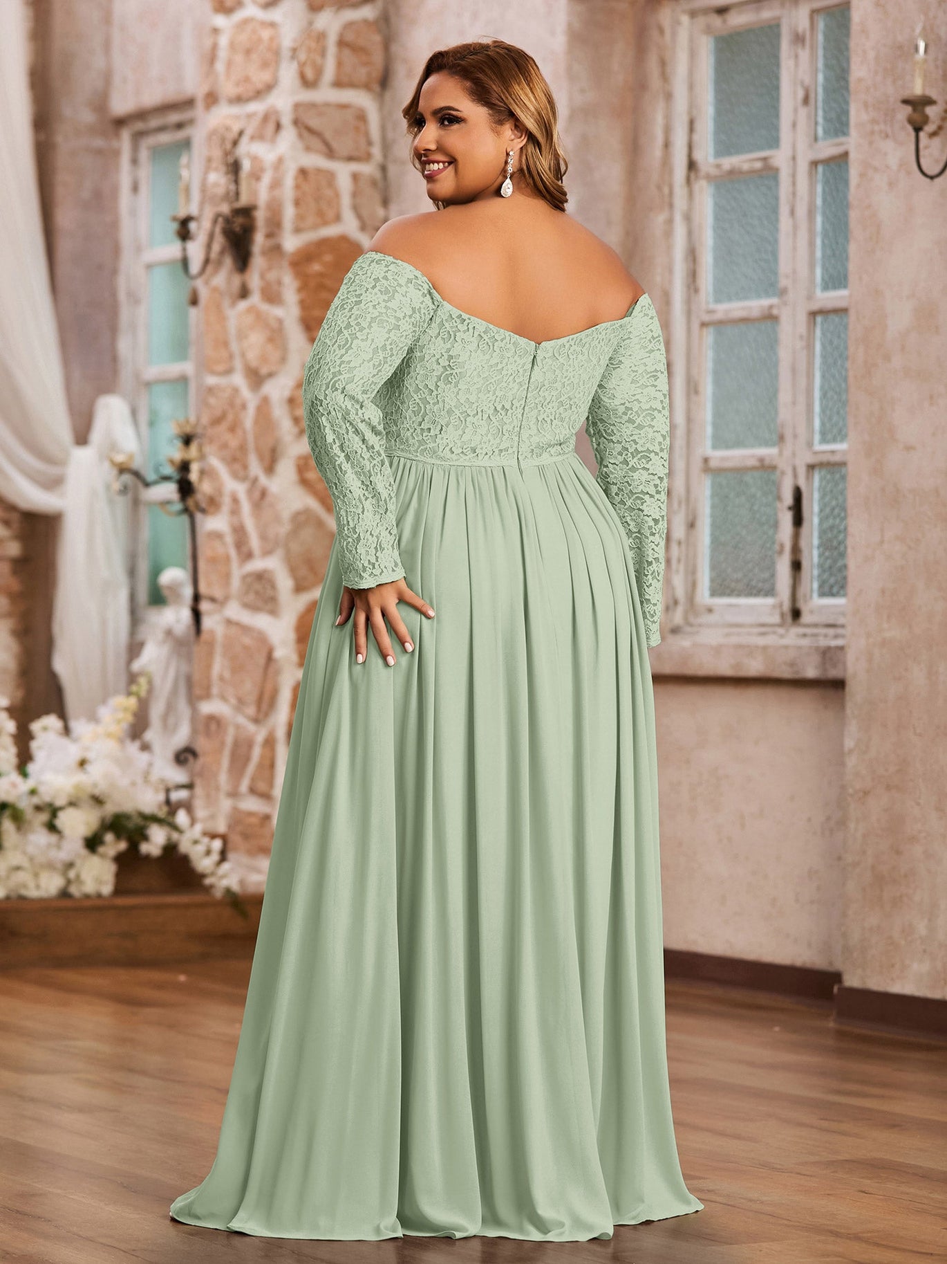 Sage Green Long Lace Sleeved Bridesmaid Dress Belle Emerald Green