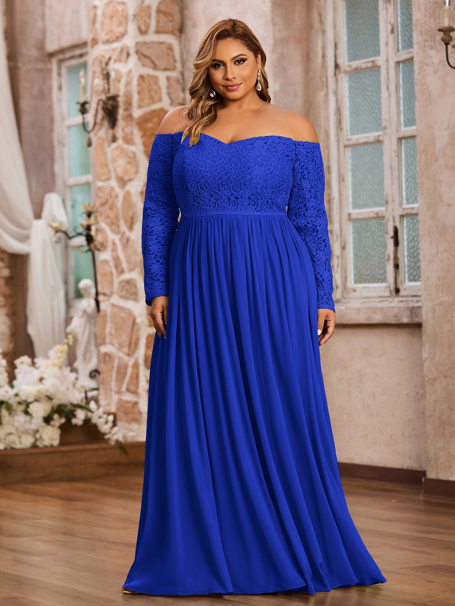 Off Shoulder Long Lace Sleeves Dresses with Pockets Royal Blue