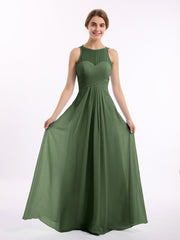 Full Length Chiffon Gowns with Illusion Neck Olive Green