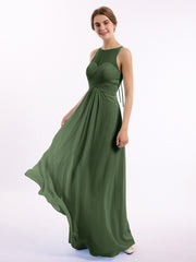 Full Length Chiffon Gowns with Illusion Neck Olive Green