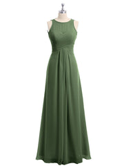 Full Length Chiffon Gowns with Illusion Neck Olive Green