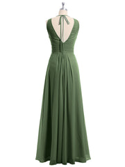 Full Length Chiffon Gowns with Illusion Neck Olive Green