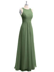 Full Length Chiffon Gowns with Illusion Neck Olive Green