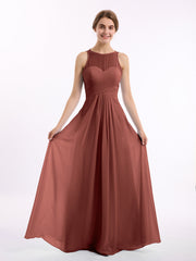 Full Length Chiffon Gowns with Illusion Neck Terracotta