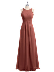 Full Length Chiffon Gowns with Illusion Neck Terracotta