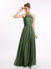 Long Chiffon Simple Dress with Halter Neck Olive Green
