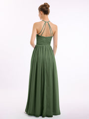 Long Chiffon Simple Dress with Halter Neck Olive Green