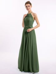 Long Chiffon Simple Dress with Halter Neck Olive Green
