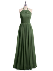 Long Chiffon Simple Dress with Halter Neck Olive Green
