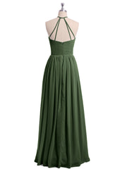 Long Chiffon Simple Dress with Halter Neck Olive Green