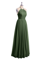 Long Chiffon Simple Dress with Halter Neck Olive Green