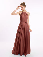 Long Chiffon Simple Dress with Halter Neck Terracotta