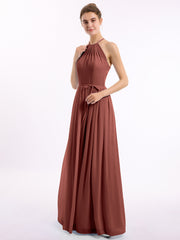 Long Chiffon Simple Dress with Halter Neck Terracotta