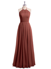 Long Chiffon Simple Dress with Halter Neck Terracotta