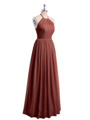 Long Chiffon Simple Dress with Halter Neck Terracotta