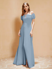 Half Sleeves Long Gown with Slit Dusty Blue