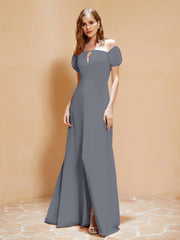 Half Sleeves Long Gown with Slit Steel Grey